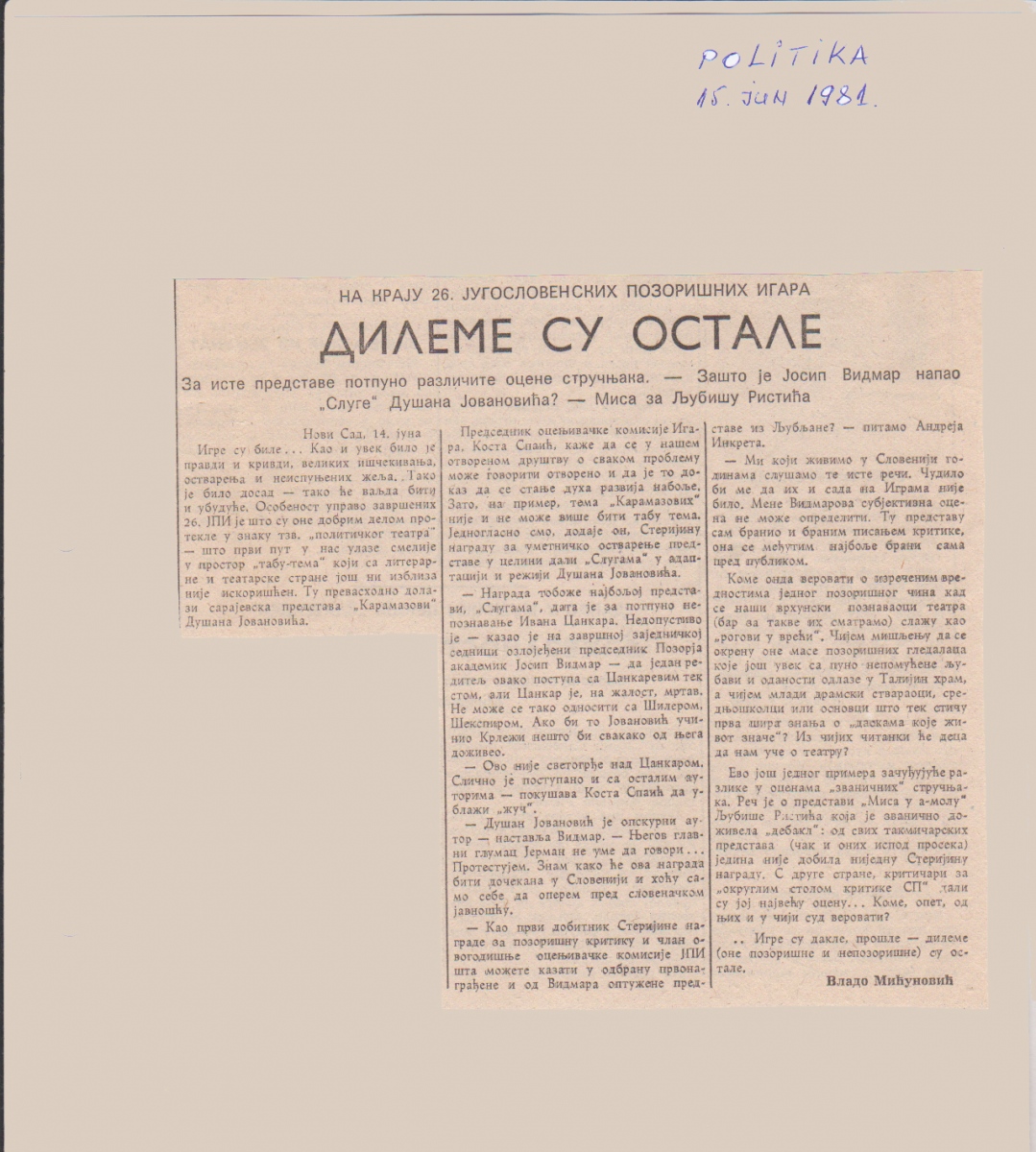 POLITIKA-150681-FESTIVAL_XXVI_JUGOSLOVENSKE_POZORISNE_IGRE_SLOVENSKO_MLADINSKO_GLEDALISCE_MISA_U_A_MOLU_LJUBISA_RISTIC_JOSIP_VIDMAR_DUSAN_JOVANOVIC_SLUGE